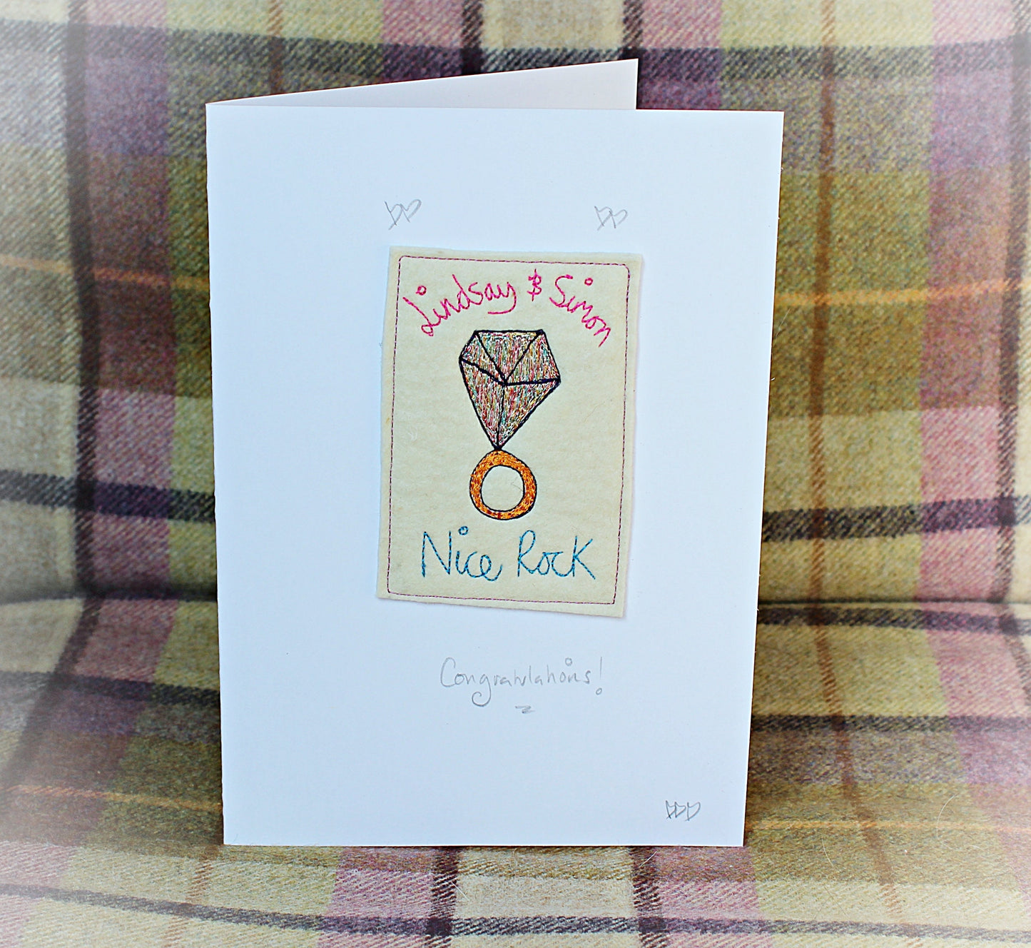 Personalised Embroidered Engagement Card: 'Nice Rock!' Handmade Congratulations