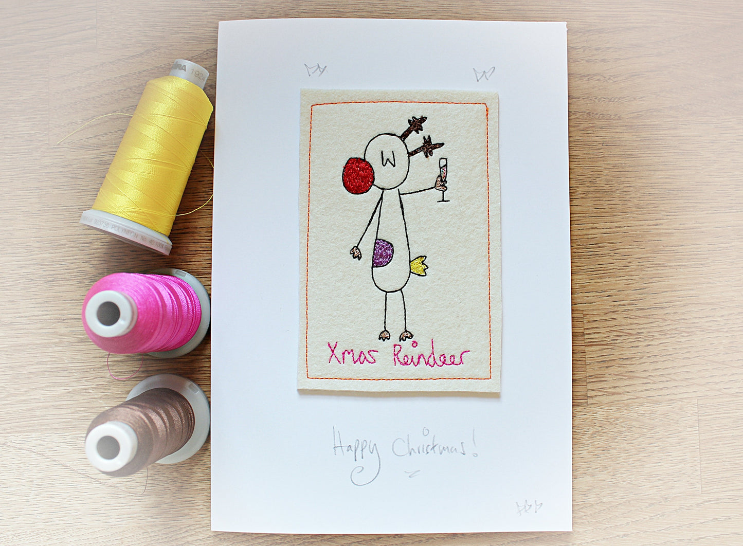 Personalised Reindeer Christmas Card, handmade, embroidered luxury card