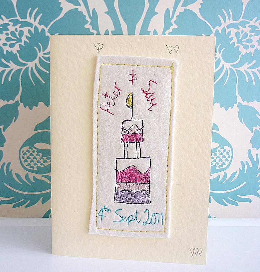 Personalised Luxury Wedding Cake Card, handmade, embroidered, personalised with name and date, custom made wedding card