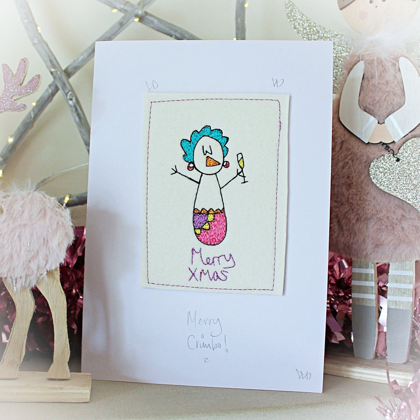 Personalised Christmas Snow-Lady Card, Luxury, emrbroidered, handmade card