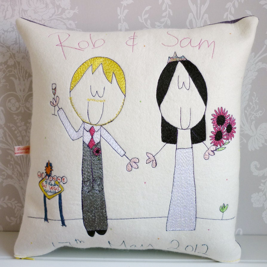 Personalised Wedding Gift Cushion, embroidered Bride and Groom