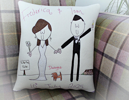 personalised, embroidered wedding gift cushion