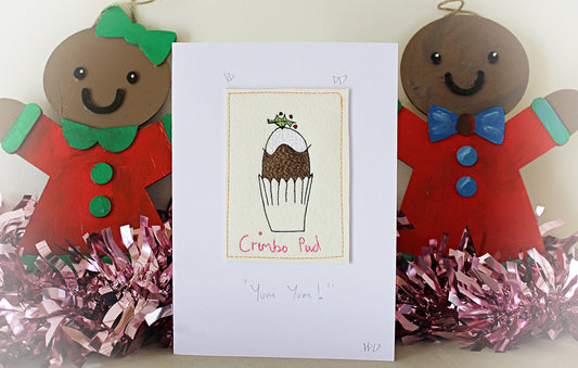 Personalised Christmas Pudding Card, Crimbo Pud handmade, embroidered Christmas card, funny Christmas, Cartoon Card, Luxury Christmas