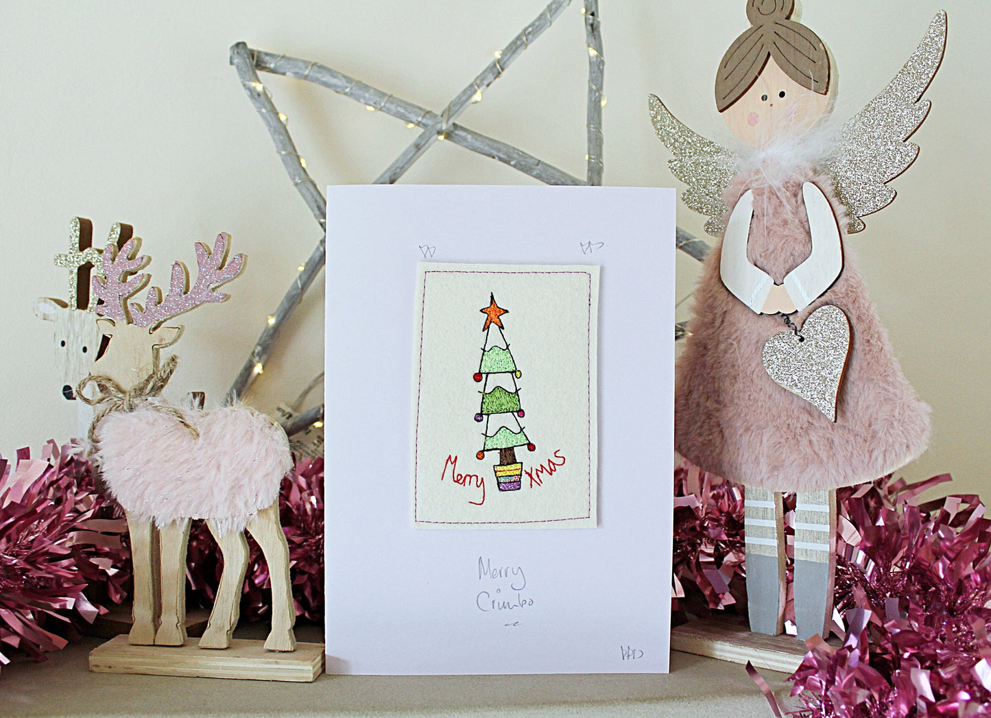 Four Embroidered, Luxury Christmas Cards Angel, Tree, Reindeer And Snowlady. Handmade Luxury Christmas Card pack, set of 4 cards