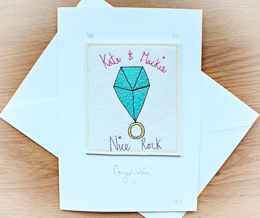 Personalised Embroidered Engagement Card: 'Nice Rock!' Handmade Congratulations