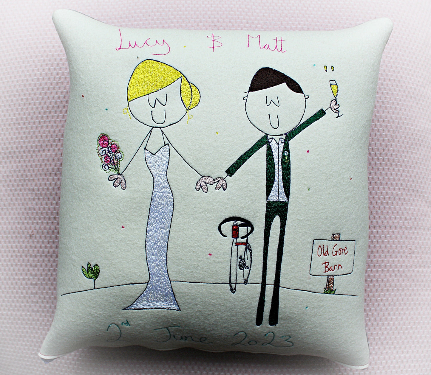 Personalised Wedding Gift Cushion, embroidered Bride and Groom