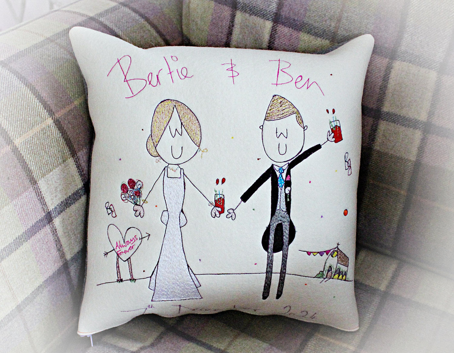 Personalised Wedding Gift Cushion, embroidered Bride and Groom