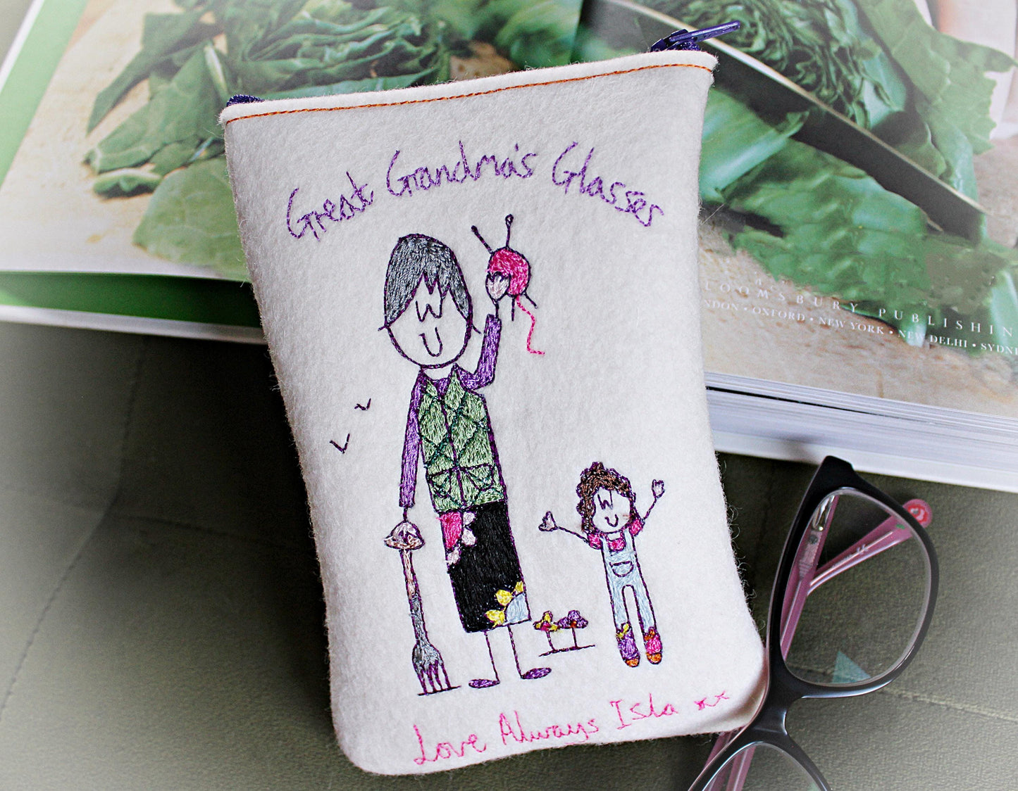 Granny's Glasses: Personalised, Embroidered Felt Glasses Case. Gift for Grandma