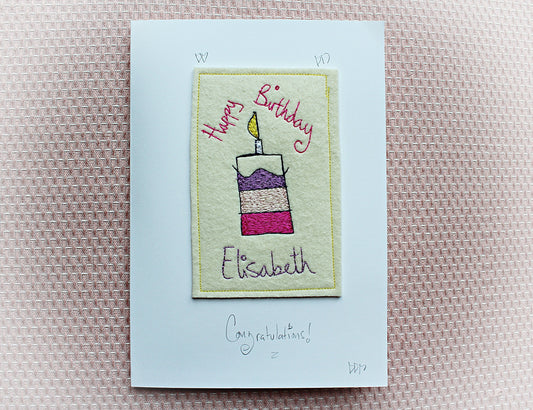 Personalised Birthday Cake Card, luxury birthday card, handmade and embroidered, personalise with name birthday card, custom birthday card