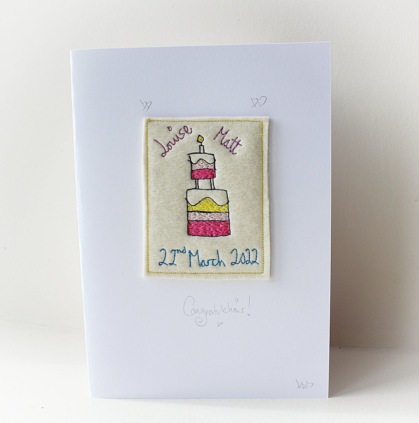 Personalised Luxury Wedding Cake Card, handmade, embroidered, personalised with name and date, custom made wedding card