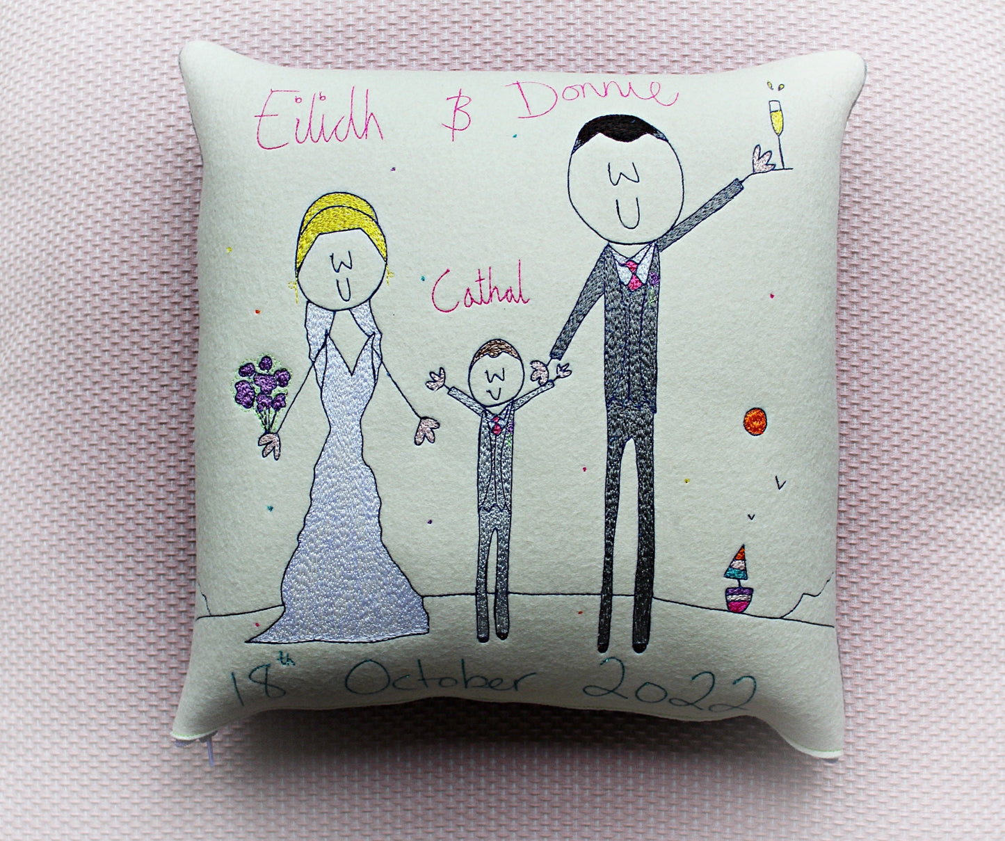 Personalised Wedding Gift Cushion, embroidered Bride and Groom
