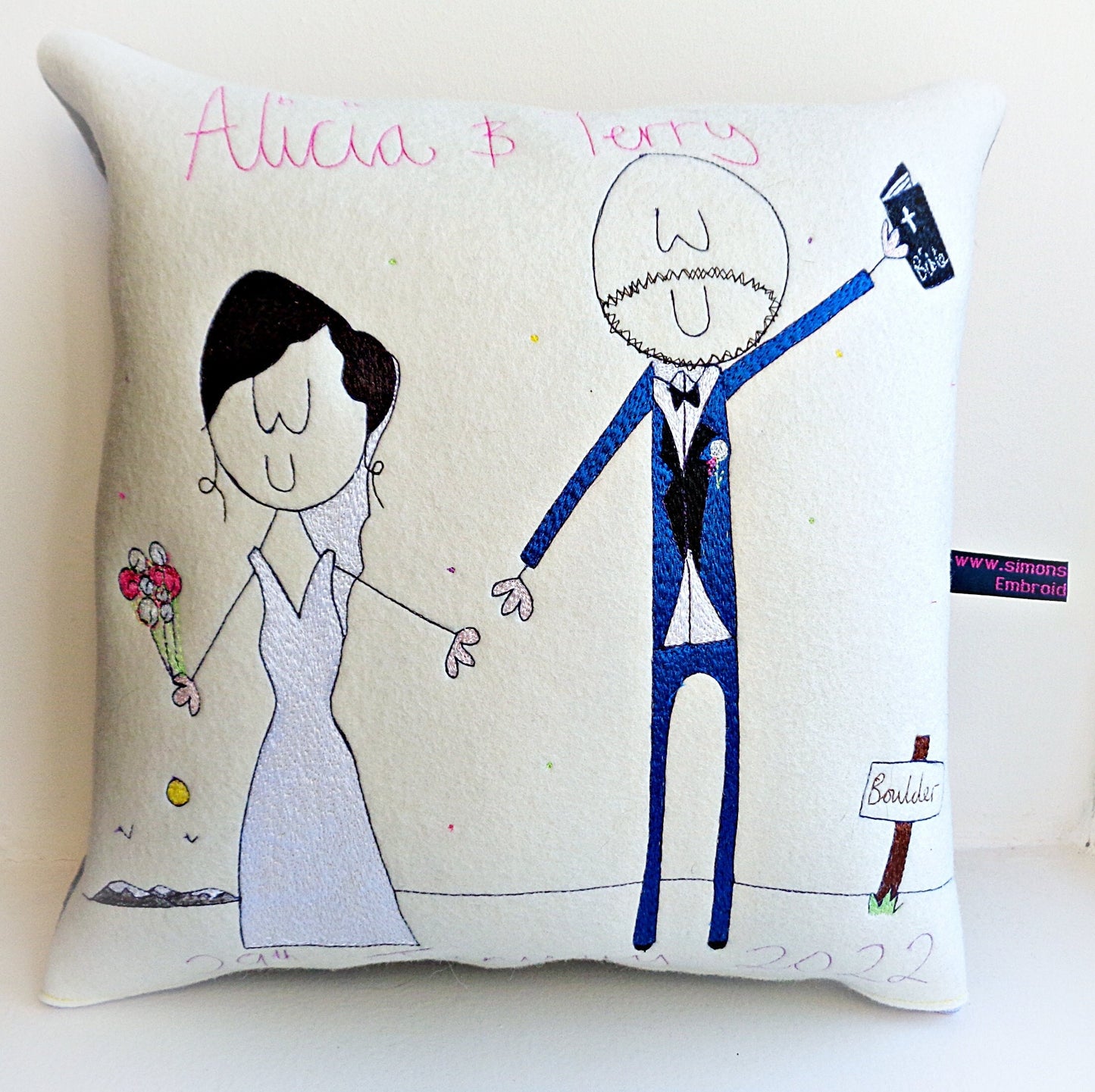 Personalised Wedding Gift Cushion, embroidered Bride and Groom