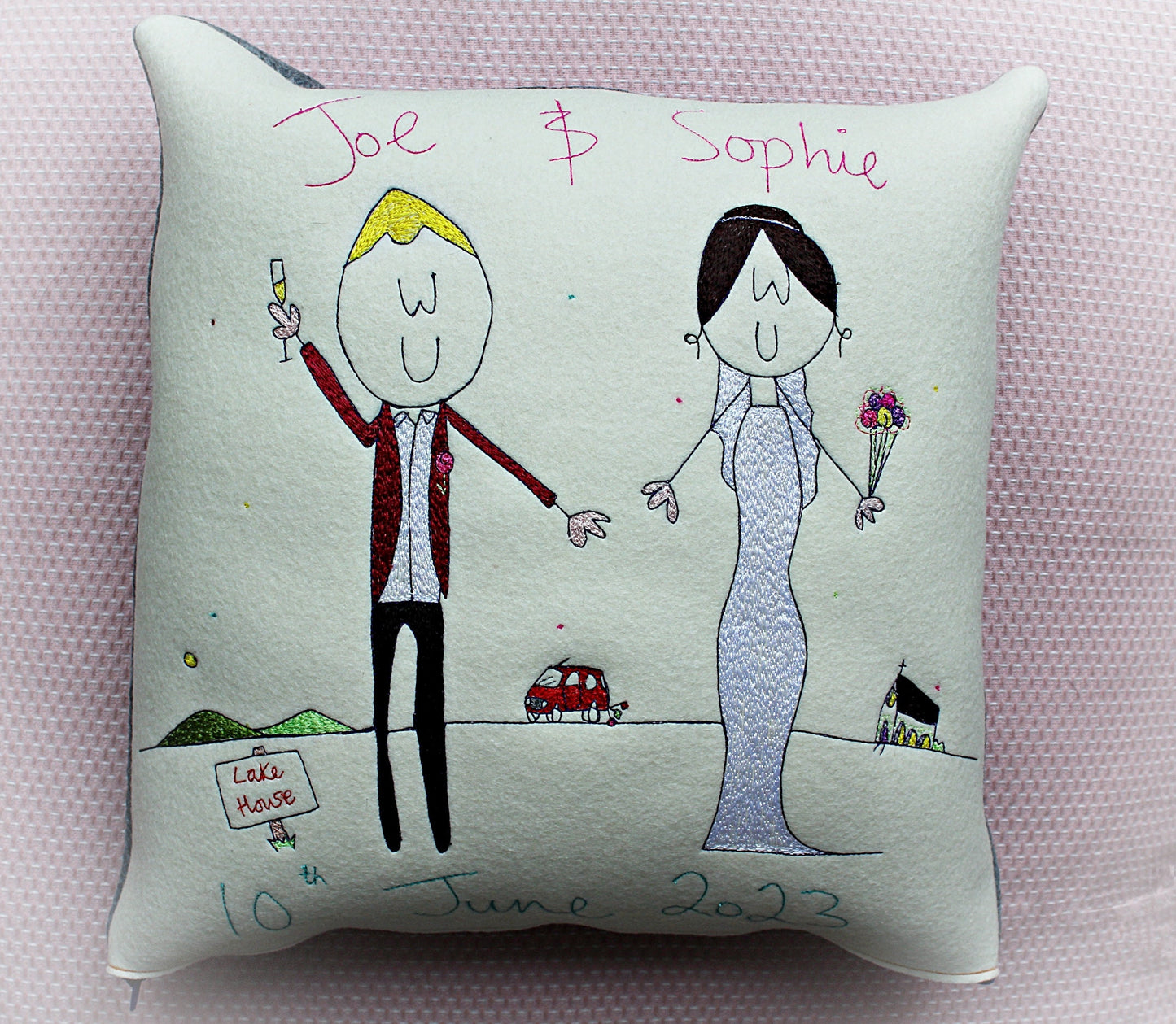 Personalised Wedding Gift Cushion, embroidered Bride and Groom