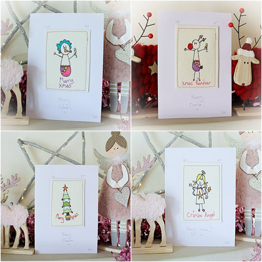Four Embroidered, Luxury Christmas Cards Angel, Tree, Reindeer And Snowlady. Handmade Luxury Christmas Card pack, set of 4 cards