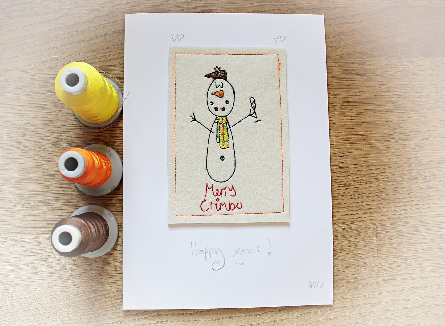 Personalised Snowman Christmas Card, handmade, embroidered Christmas card, funny Christmas card, Cartoon Card, snow card, Luxury Christmas