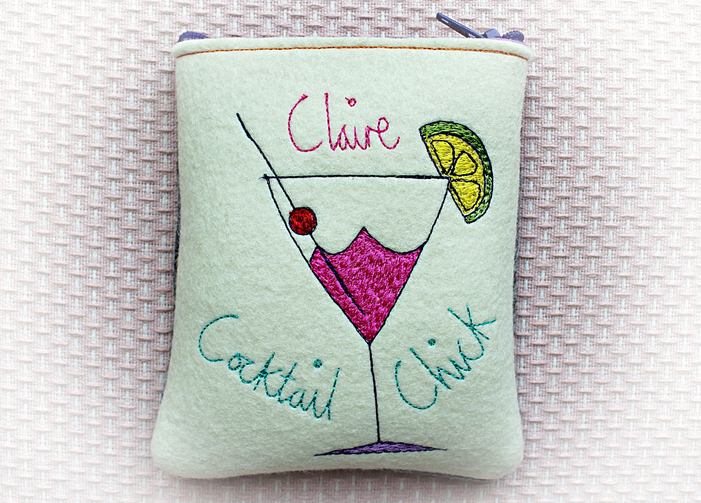 Embroidered Cocktail Chick Purse: Personalised Felt Coin Pouch