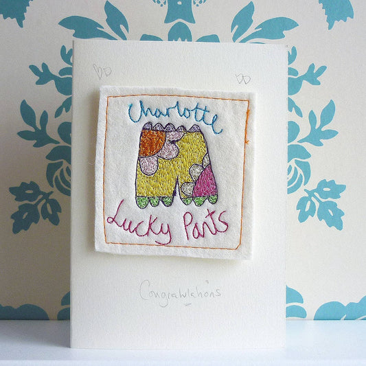 Personalised Congratulations Card: Embroidered Lucky Pants, Funny Congrats