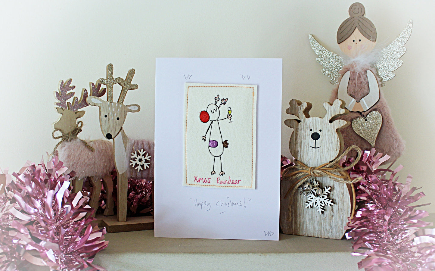 Personalised Reindeer Christmas Card, handmade, embroidered luxury card