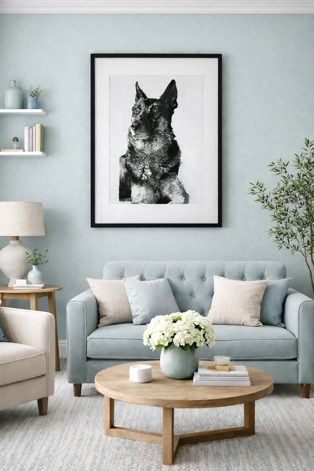 Hand drawn charcoal dog portrait commission from your photo