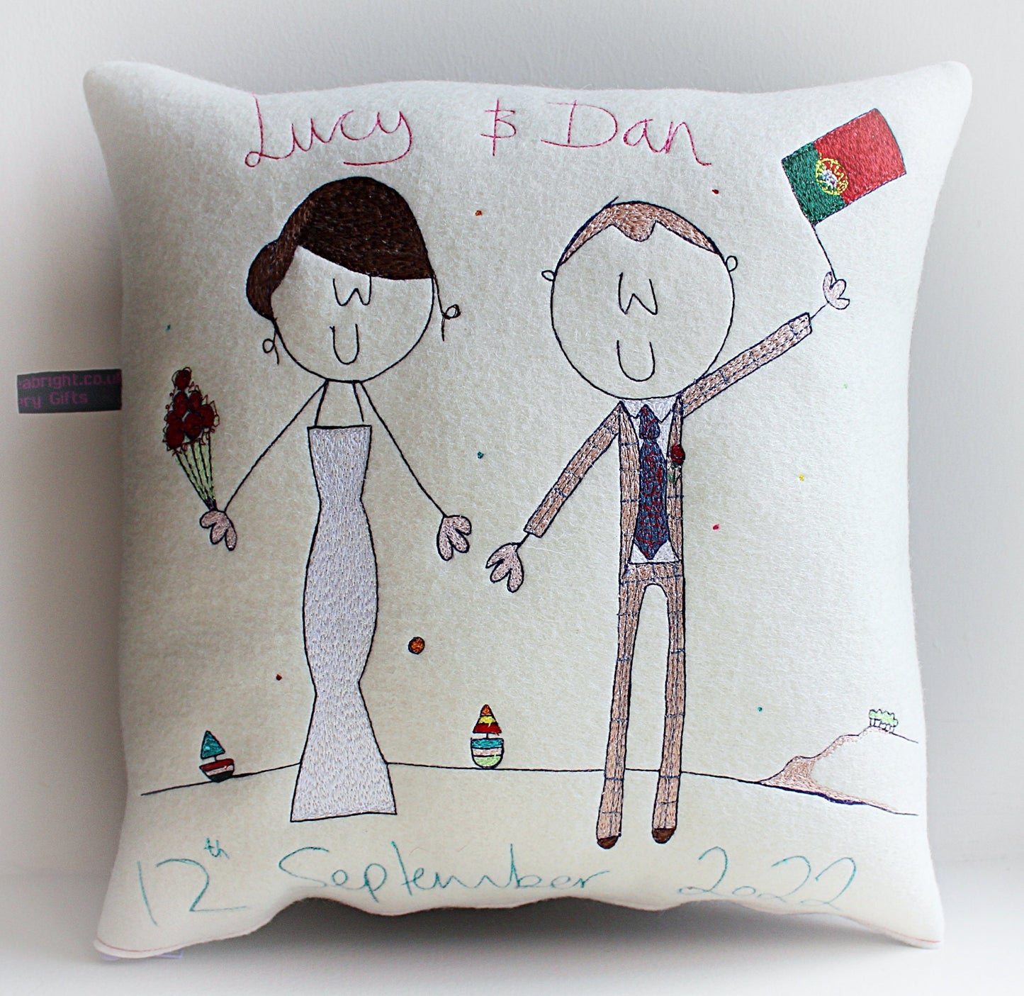 Personalised Wedding Gift Cushion, embroidered Bride and Groom