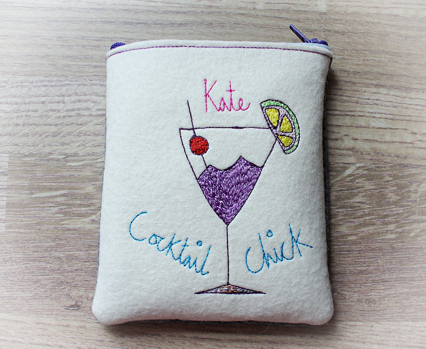Embroidered Cocktail Chick Purse: Personalised Felt Coin Pouch