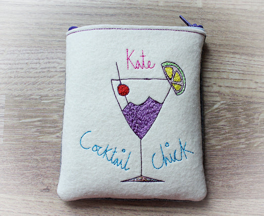 Embroidered Cocktail Chick Purse: Personalised Felt Coin Pouch