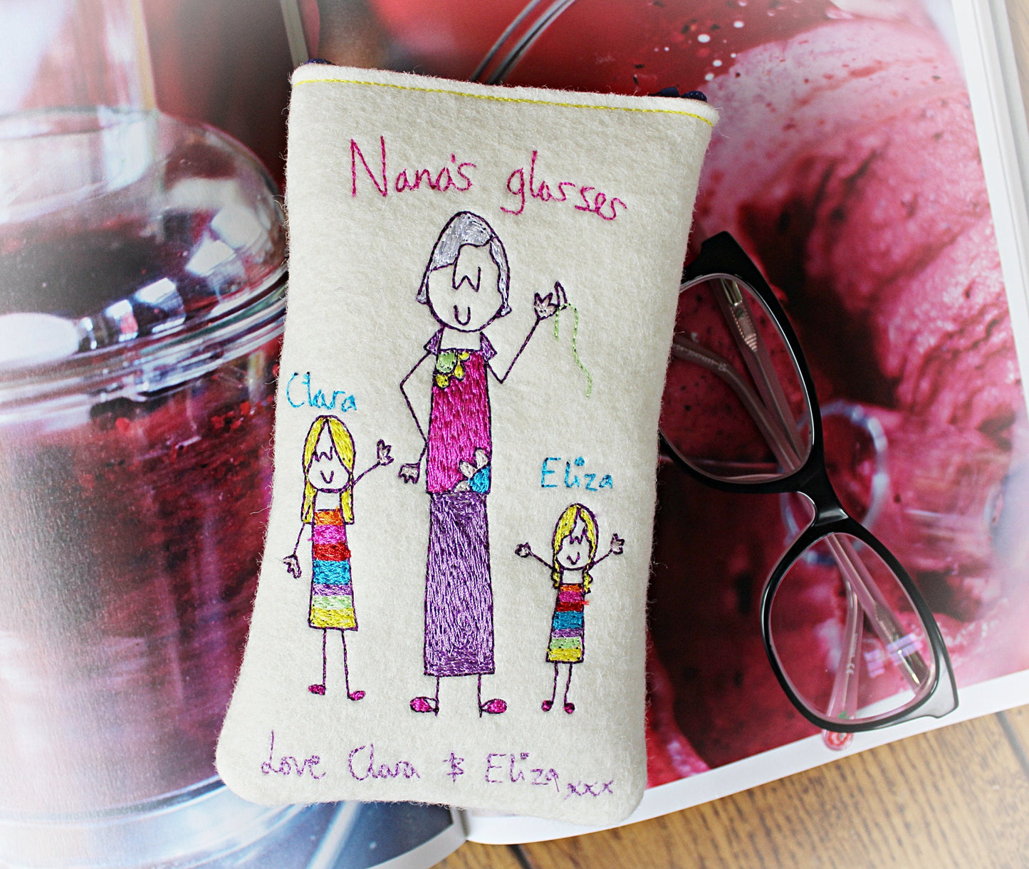 Granny's Glasses: Personalised, Embroidered Felt Glasses Case. Gift for Grandma