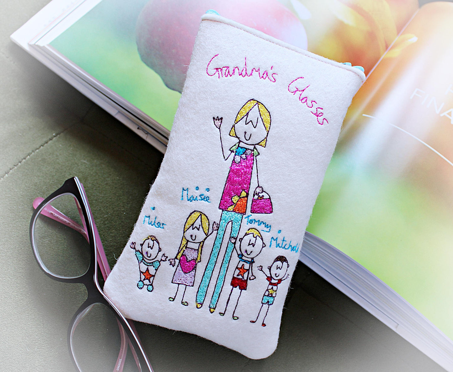 Granny's Glasses: Personalised, Embroidered Felt Glasses Case. Gift for Grandma