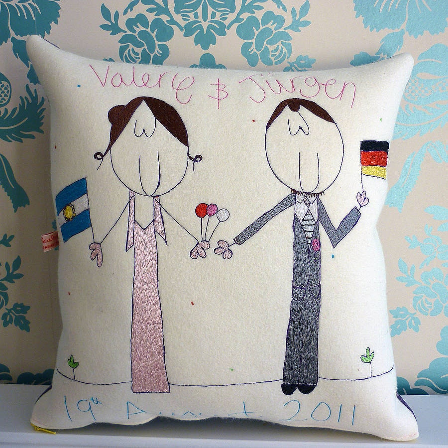 Personalised Wedding Gift Cushion, embroidered Bride and Groom