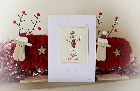 Personalised Snowman Christmas Card, handmade, embroidered Christmas card, funny Christmas card, Cartoon Card, snow card, Luxury Christmas
