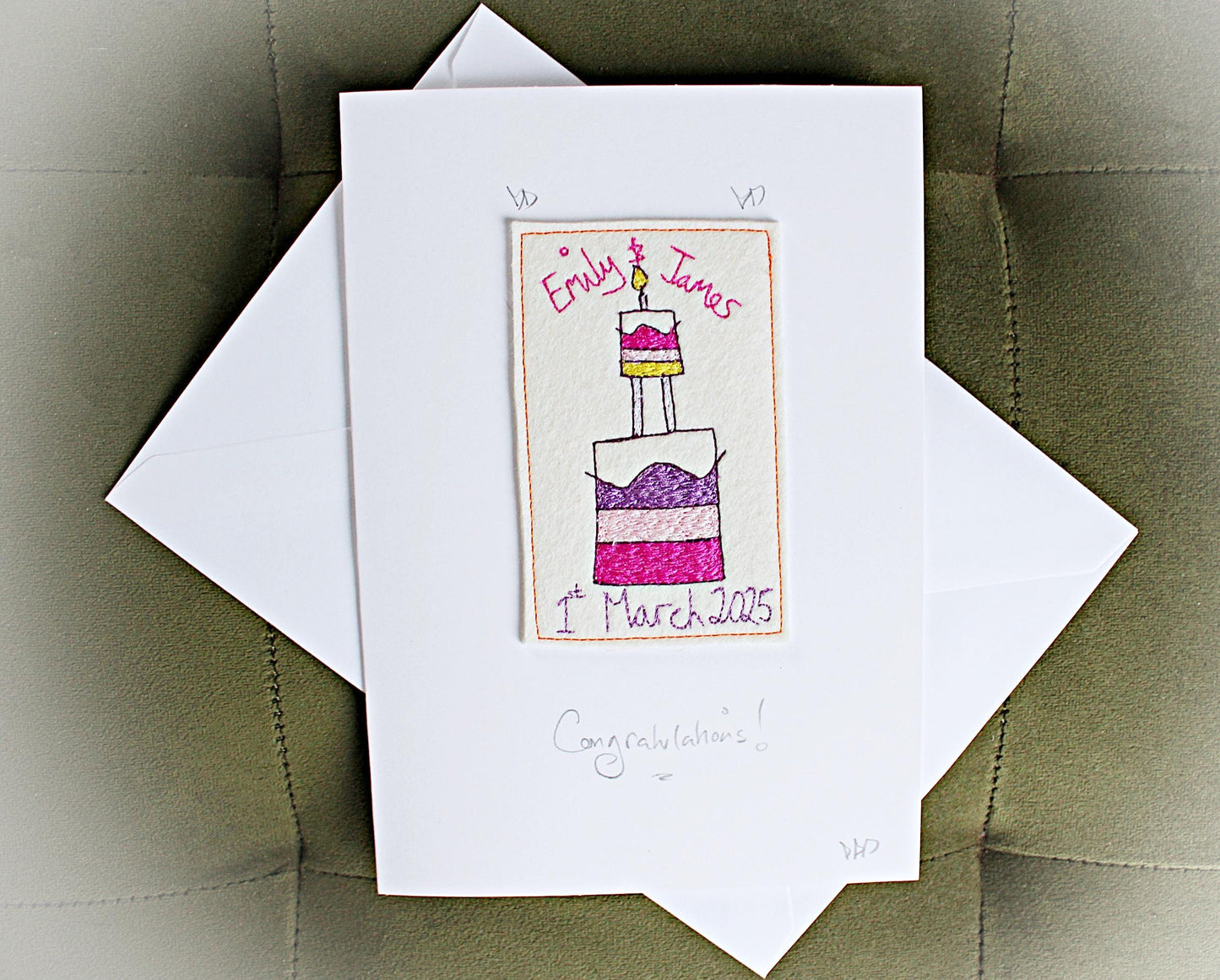 Personalised Luxury Wedding Cake Card, handmade, embroidered, personalised with name and date, custom made wedding card