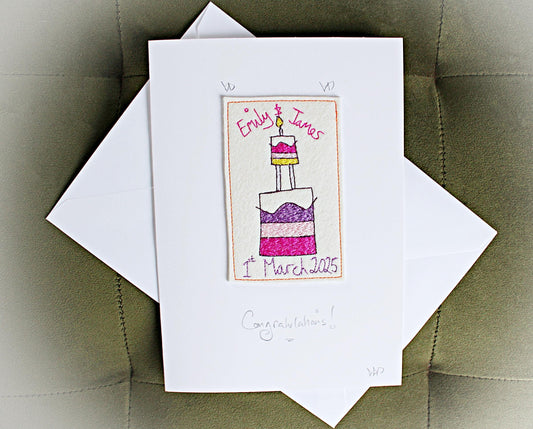 Personalised Luxury Wedding Cake Card, handmade, embroidered, personalised with name and date, custom made wedding card