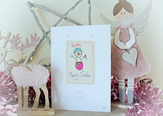 Personalised Christmas Snow-Lady Card, Luxury, emrbroidered, handmade card