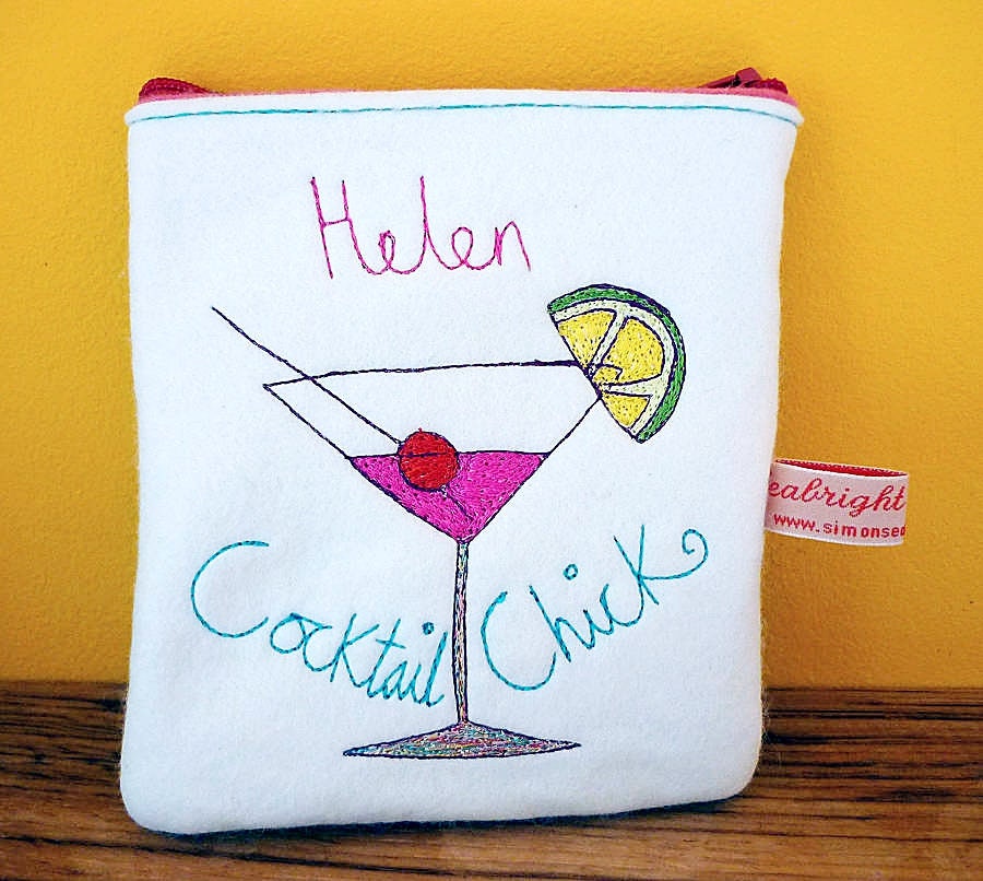 Embroidered Cocktail Chick Purse: Personalised Felt Coin Pouch